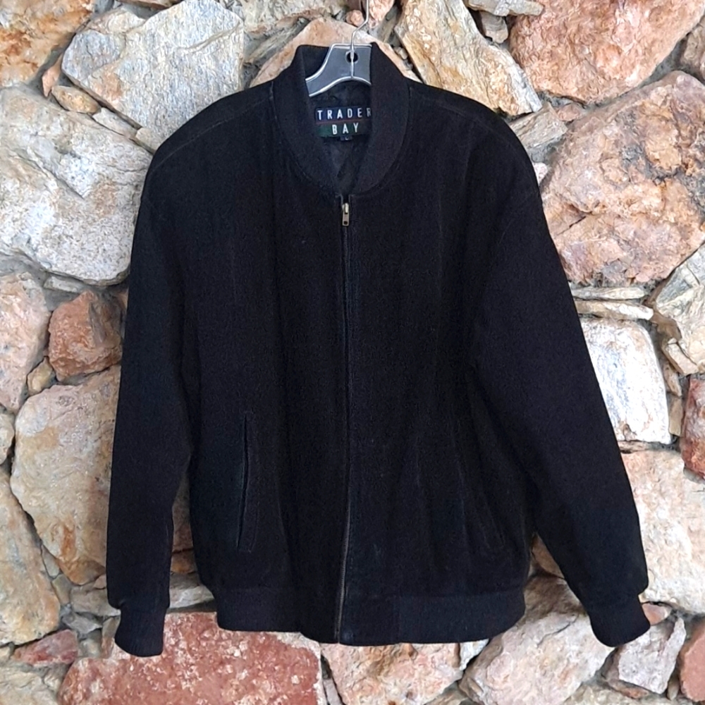 Black Suede Leather Bomber Style Jacket Coat Large Trader Bay